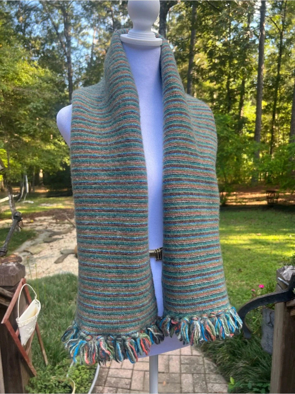Vintage 100% Lambswool Striped Scarf Multicolor Fringe Made Hong Kong